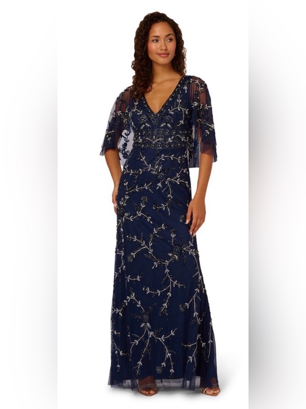 Adrianna Papell Sequin Beaded Formal Blouson Navy Gown SZ. 8 Mother of the Bride